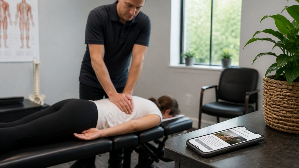 A chiropractor in a clinic adjusting a patient on a treatment table while a smartphone rests on a nearby counter showing a website page
