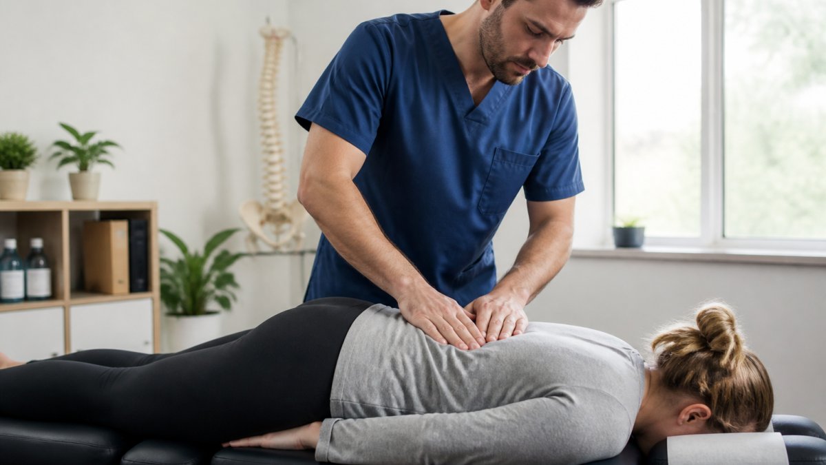 Chiropractor in scrubs focused on patient treatment in modern clinical room with natural lighting, demonstrating undistracted patient care