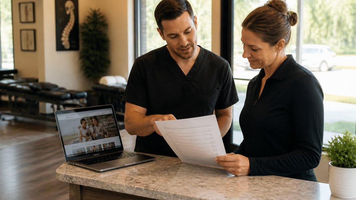 A chiropractor and office manager reviewing a printed website maintenance checklist together at a clinic front desk, laptop showing a clinic website open nearby, warm morning light through front windows