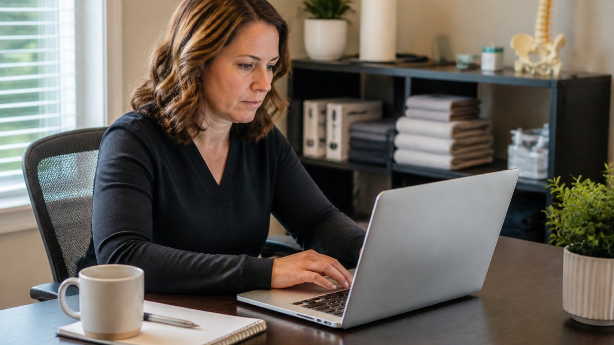 Office manager at desk updating clinic hours on laptop with calendar and coffee nearby, focused work environment with natural lighting