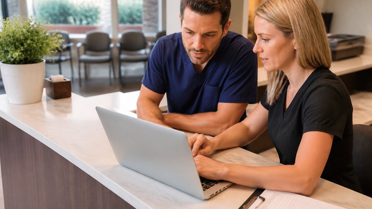 A chiropractor and office manager reviewing an appointment scheduling screen on a laptop at a front desk in a bright clinic, patient chart and calendar visible