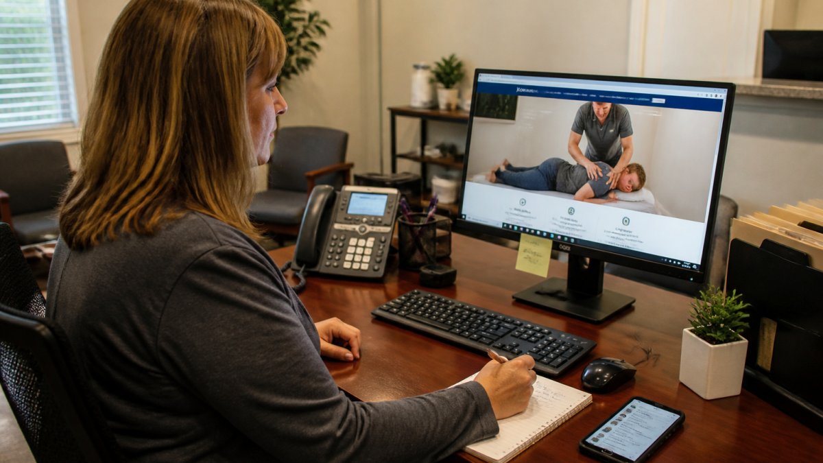 Chiropractic office manager sitting at desk reviewing website updates on computer screen, with notepad and phone visible showing communication with support team, natural office lighting from window
